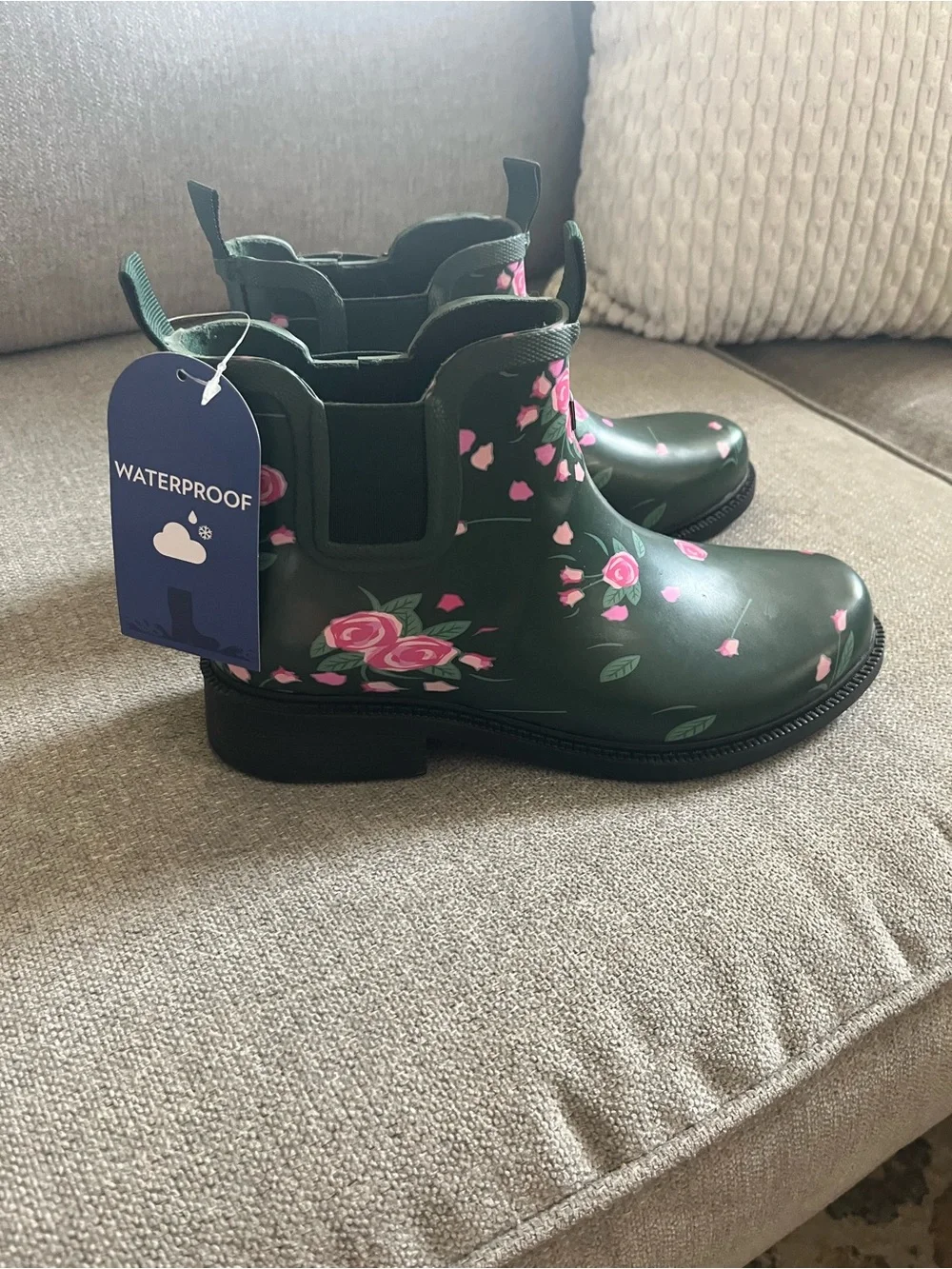 JBU Women's Dark Green Floral Waterproof Chelsea Rain Boots